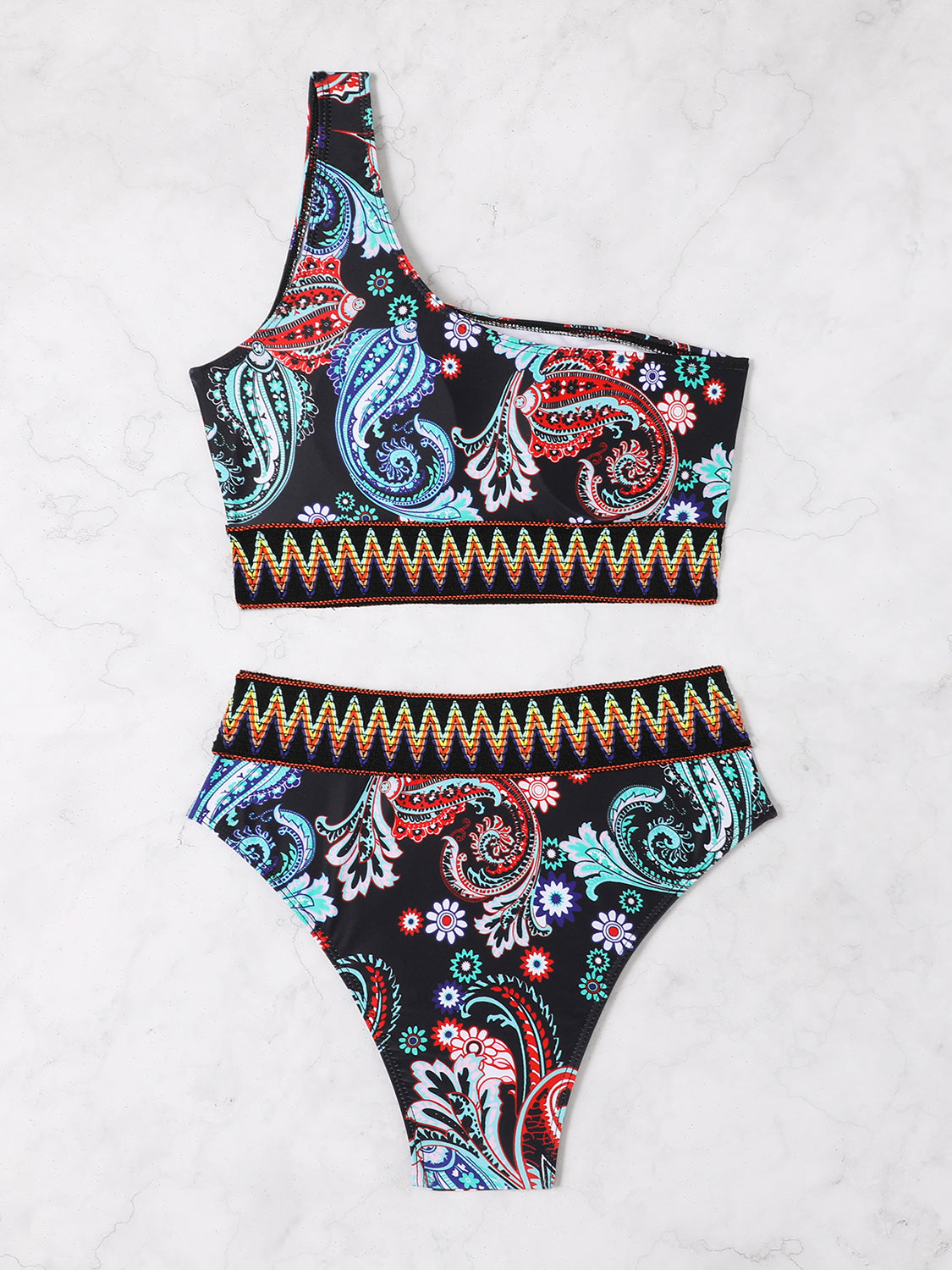 Printed One Shoulder Two-Piece Swim Set