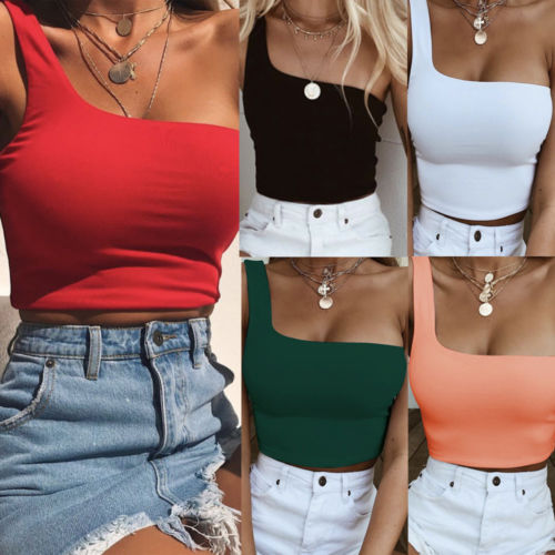 Women Lady Female One Shoulder Crop Tops Sleeveless T-Shirt Tank Tops