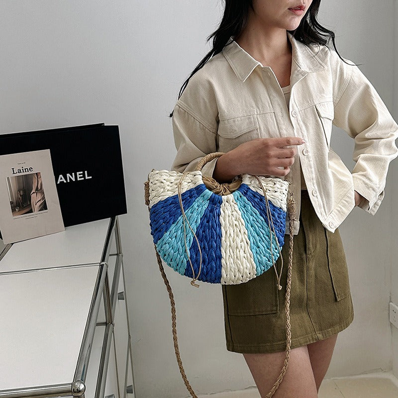 Tengbian Handheld Bag Womens Bag Vacation Travel Beach Bag One Shoulder Crossbody Bag Fashion Handmade Grass Woven Bag