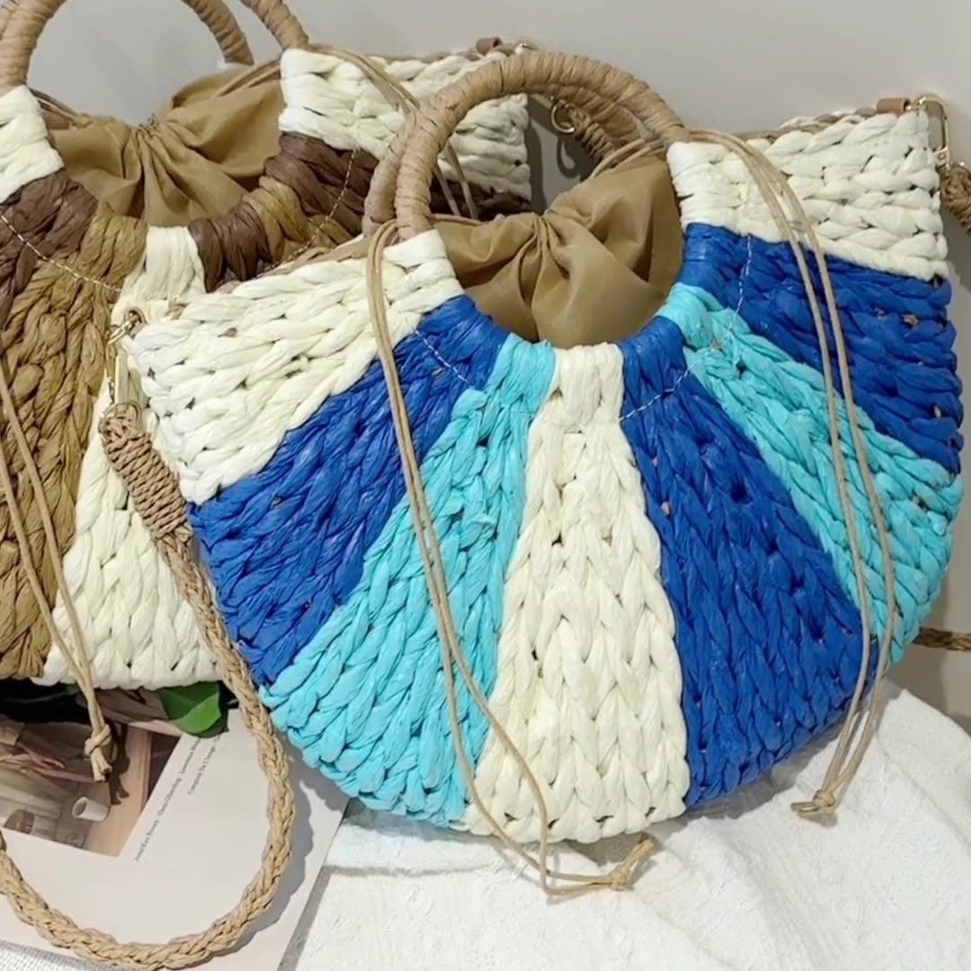 Tengbian Handheld Bag Womens Bag Vacation Travel Beach Bag One Shoulder Crossbody Bag Fashion Handmade Grass Woven Bag