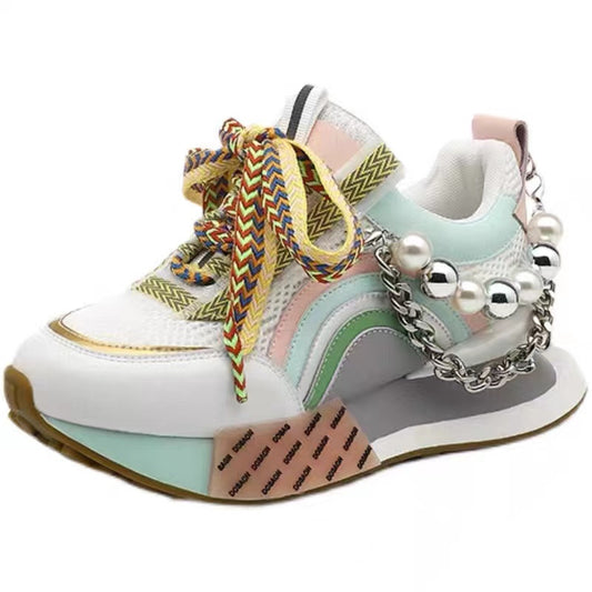 Womens Genuine Leather Sneakers Lace Up Rainbow Colors Platform Pearls Chain Decor Girls Shoes