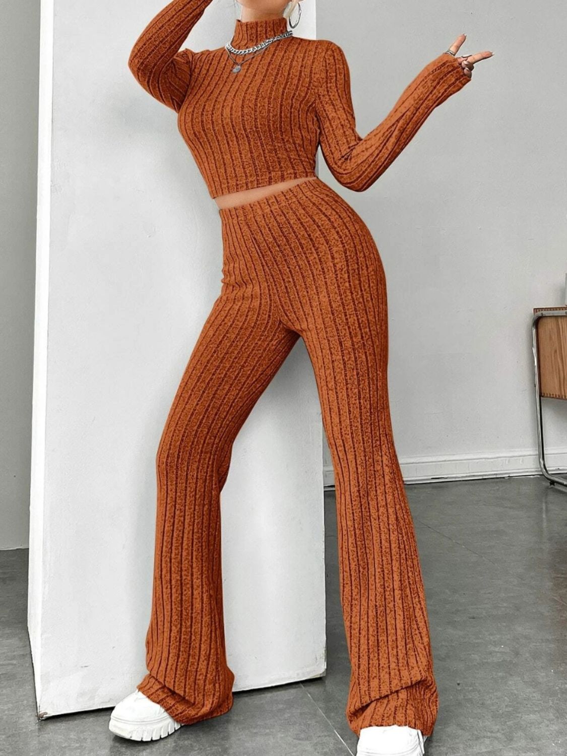 Ribbed Mock Neck Long Sleeve Top and Pants Set